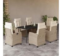 Owoxanthellate Lot de 7 meubles de jardin en polyrotin - Beige - 160 x 80 cm - Avec chaises longues réglables et table en verre - Robuste - Résistant aux UV - Pour balcon, terrasse et jardin