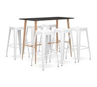 Owoxanthellate Lot de 7 tables de bar - Noir et blanc - 120 x 60 x 105 cm - Avec 6 tabourets de bar en métal MDF robuste et empilable - Design moderne pour cuisine, salle à manger, gastronomie