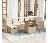 Owoxanthellate Lot de 8 canapés de jardin en polyrotin beige avec surface en acacia - 409 x 57 cm - Design moderne - Résistant aux intempéries - Pour terrasse, balcon et salon de jardin