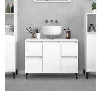 Owoxanthellate Meuble de salle de bain moderne en bois blanc 80 x 33 x 60 cm avec 4 tiroirs et porte, pieds en métal, espace de rangement pour petites et grandes salles de bain