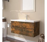 Owoxanthellate Meuble sous-vasque, 90 x 38,5 x 45 cm, en chêne fumé, avec lavabo en céramique, ensemble de meubles de salle de bain modernes avec espace de rangement généreux pour petites et grandes