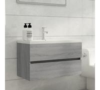 Owoxanthellate Meuble sous-vasque, gris, sonoma - 80 x 38,5 x 45 cm - En céramique - Avec robinet, bonde d'écoulement Push Open - Moderne et peu encombrant - Pour petites salles de bains, toilettes