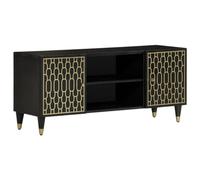 Owoxanthellate Meuble TV bas 105 x 33 x 46 cm en bois de manguier sculpté à la main avec pieds en fer jusqu'à 50" Noir