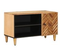 Owoxanthellate Meuble TV bas marron 80 x 31,5 x 46 cm - Table TV en bois massif de manguier - Meuble TV moderne avec porte et bouton en laiton, armoire de rangement pour salon et couloir