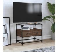 Owoxanthellate Meuble TV bas marron chêne 60 x 35 x 51 cm avec plateau en verre et 2 tiroirs, design industriel, cadre en métal, support mural, meuble TV peu encombrant pour salon, chambre à coucher