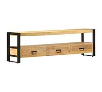 Owoxanthellate Meuble TV en bois de manguier 150 x 30 x 45 cm avec 3 tiroirs, meuble bas moderne en bois massif et acier, buffet rustique pour salon, chambre à coucher et couloir
