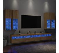 Owoxanthellate Meuble TV mural en chêne Sonoma 7 pièces avec éclairage LED RVB et façade en verre - Meuble bas moderne pour salon, chambre à coucher, bureau - 30,5 x 30 x 102 cm