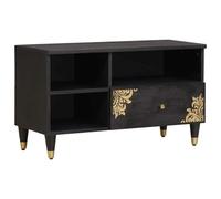 Owoxanthellate Meuble TV noir 80 x 33 x 46 cm - Meuble TV bas moderne en bois massif de mangue, avec tiroir et étagère, table TV avec pieds en laiton pour le salon