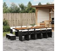 Owoxanthellate Mobilier de jardin en rotin, noir, 275 x 106 x 73 cm, table en acacia, chaises pliantes et tabourets, résistant aux intempéries, peu encombrant