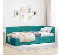 Owoxanthellate Owox Cadre de lit d'angle turquoise 100 x 200 cm recouvert de velours Tête de lit réglable Structure en bois et métal en forme de L pour chambre à coucher, invités, salon