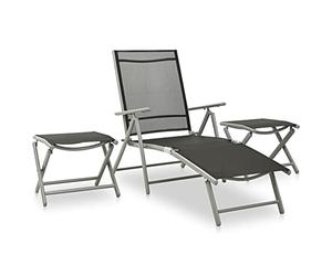 Owoxanthellate Owox Ensemble salon de jardin 3 pièces Noir/argenté Alu/textilène 178 x 61,5 x 60 cm Réglable Dos rabattable Tabouret résistant aux intempéries