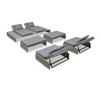 Owoxanthellate Salon de jardin 5 pièces en polyrotin gris - 210 x 140 x 63 cm - Résistant aux intempéries - Canapés transats - Ottomans pour terrasse, balcon, jardin