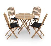 Owoxanthellate Salon de jardin pliable en bambou 5 pièces - Table ronde de 80 cm - 4 chaises avec coussins noirs résistants aux intempéries - Pour balcon, terrasse et petits coins extérieurs