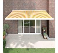 Owoxanthellate Store de balcon extensible 4 x 3 m - Jaune et blanc - Armature en aluminium revêtu par pulvérisation - Polyester PU - Brise-vue - Voile d'ombrage - Résistant aux intempéries - Pour