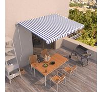 Owoxanthellate Store enrouleur automatique 450 x 350 cm, bleu et blanc, en aluminium revêtu par pulvérisation, télécommande, manivelle, protection UV, tissu imperméable pour balcon, terrasse, jardin