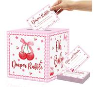 OWWOPATS Lot de 51 tickets de tombola en forme de cerises avec boîte, nœud rose en cerise, décorations de fête prénatale « She's the Cherry on top » pour fête prénatale