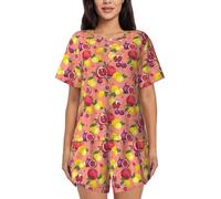 OXbnmm Ensemble de pyjama d'été à manches courtes avec poches pour femme, imprimé fruits exotiques, vêtement de détente léger avec poches pour le salon, la maison, la plage, Noir , 4XL