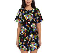 OXbnmm Ensemble de pyjama d'été à manches courtes et poches pour femme - Puzzle de sensibilisation à l'autisme - Avec poches - Pour le salon, la maison, la plage, Noir , XL