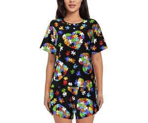 OXbnmm Ensemble de pyjama d'été à manches courtes et poches pour femme - Puzzle de sensibilisation à l'autisme - Avec poches - Pour le salon, la maison, la plage, Noir , M