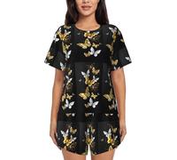 OXbnmm Ensemble de pyjama d'été à manches courtes pour femme, motif papillons blancs dorés et noirs, vêtement de nuit léger avec poches pour le salon, la maison, la plage, Noir , XL