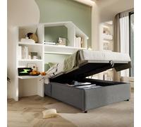 OXENKA Lit rembourré pour enfant - Lit hydraulique avec étagère blanche - Éclairage LED - Station de charge USB/type C - Lit simple avec espace de rangement - Sommier à lattes, en lin, sans matelas