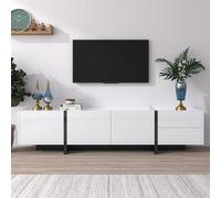 OXENKA Meuble TV avec pieds bloqués de couleur en blanc brillant et noir, meuble TV bas avec portes, étagères et tiroirs, design de ligne simple.