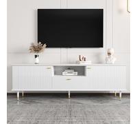 OXENKA Meuble TV bas - Design simple - Meuble TV moderne avec compartiments ouverts et tiroirs - Avec charnières à fermeture douce - Surface structurée laquée (blanc)