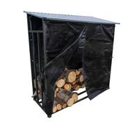 Oxeo Abri Bois de Chauffage - Bûches Extérieur - Capacité 3 stères - Longueur 186 cm - Toit Incliné en Tôle - Bâche de Protection Zippé - Noir - Acier - 186cm x 70cm x 183cm - Chauffage au Bois