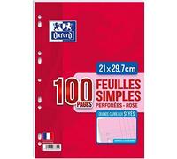 Oxford 100105668 Feuillet Mobile perforé 100 pages A4 210X297 Grands Carreaux 80 g Rose