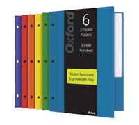 Oxford 14187 Lot de 6 chemises à 2 poches en plastique robuste Perforatrice 3 trous Format lettre Couleurs assorties (bleu, vert, jaune, orange, rouge, violet)