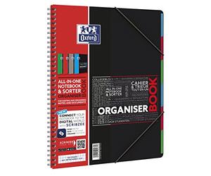 Oxford 400019524 Lot de 5 cahiers d'études A4 Avec élastique, 80 feuilles, couvercle en polypropylène, Micro-perforation - 4 trous - 4 Coloris Cahier organiseur trieur OrganiserBook kariert 4 couleurs assorties