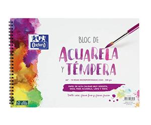 Oxford Bloc aquarelle et théière scolaire A4+ Couverture souple/rabat rigide, 10 feuilles de 300 g lisses, avec spirale