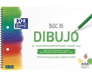Oxford Bloc dessin A4+ couverture souple/rabat rigide 20 feuilles 130 g avec cadre, 2 trous et spirale