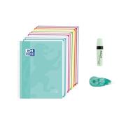 Oxford, Cahier A4, 10 bandes de couleur, 150 feuilles micro-perforées 5 x 5, couverture extra rigide en glace Mint, avec surligneur Ice Mint et ruban correcteur Pelikan