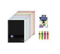 Oxford, Cahier A4, 8 bandes de couleur, 160 feuilles micro-perforées 5 x 5, couverture plastique noire, comprend 4 surligneurs Pelikan couleurs fluo