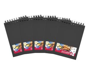 OXFORD Carnet de croquis de voyage - Format A5 - Couverture rigide - Double spirale - 40 feuilles - 225 g - Noir - Lot de 5