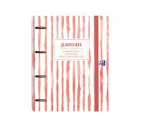 Oxford, Classeur 4 anneaux A4+, couverture extra rigide, fermeture avec caoutchouc, recharge quadrillage 5 x 5 avec 5 bandes de couleur. Motif : Gaman