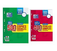 Oxford Copies Doubles 500 Pages A4 Perforées 90g Grands Carreaux Seyes & Lot de 400 Pages Feuilles Simples Grands Carreaux Seyès Format A4 (21x29,7cm) Perforées