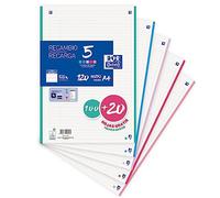 Oxford, Feuilles rayées A4 perforées de rechange 1 ligne, 120 feuilles, 4 perceuses, 5 bandes pastel