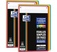 OXFORD Feuilles Simples COLOR SYSTEM, Lot de 2 Pack de Feuille Simple, 200 Feuilles, A4 Perforées, Grand Carreaux Seyès, 5 Couleurs de Cadres Assorties Sous Film