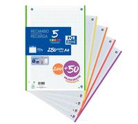 Oxford Hamelin Recharge Bloc A4 Quadrillé 200+50 Feuilles 5x5 4 Trous Bande 5 Couleurs Vives