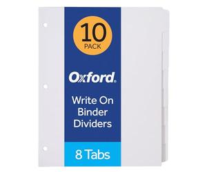 Oxford Intercalaires vierges à écrire sur classeur, onglets de coupe 1/8, perforation à 3 trous, 80 intercalaires, 10 ensembles, blanc (89982)