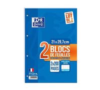 OXFORD Lot 2 Blocs de Feuilles Détachables et Perforées 2 x 200 Pages 90g Grands Carreaux Seyès