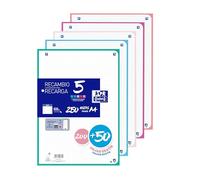 Oxford, Lot de 250 feuilles quadrillées perforées A4 de rechange, quadrillage 5 x 5, 4 trous, 5 couleurs de bande pastel, 250 feuilles