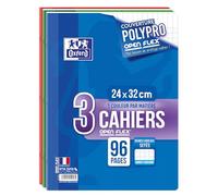 OXFORD Lot de 3 Cahiers 24x32 Grands Carreaux Seyès 96 Pages Couverture Polypro OpenFlex 90g Couleurs Assorties