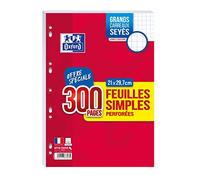 OXFORD Lot de 300 Pages Feuilles Simples Perforées au Format A4 (21 x 29.7cm) Grands Carreaux Seyès