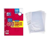 Oxford Lot de 400 Pages Feuilles Simples Grands Carreaux Seyès Format A4 (21x29,7cm) Perforées & Lot de 50 Pochettes Perforées A4 Polypro Lisse Epaisseur 5/100ème Incolore 25261