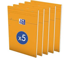 OXFORD Lot de 5 Bloc-Notes Perforé Orange A4+ Ligné 8mm Jaune et Margé 80 Feuilles Agrafées Couverture Carte Enduite Orange