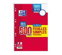 Oxford Feuilles simples perforées A4 Seyès 90 g Grands carreaux 500 pages – Maxi Pack