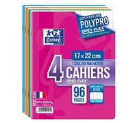 Oxford OpenFlex - Lot de 4 Cahiers 17 x 22cm 96 Pages Grands Carreaux Seyès Couverture Polypro Ouverture Facile